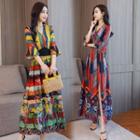 Patterned 3/4 Sleeve Slit Hem Maxi Dress