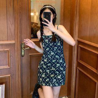 Spaghetti Strap Floral Mini A-line Dress Floral - White & Green - One Size