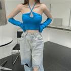 Halter Strap Crop Top With Oversleeves Blue - One Size