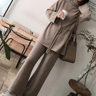 Set: Turtle-neck Sashed Sweater + Wide-leg Pants