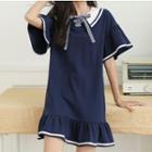 Short-sleeve Sailor Collar Mini Dress Navy Blue - One Size