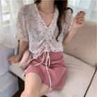 Short-sleeve Drawstring Floral Blouse
