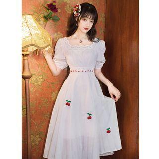 Cherry-accent Short-sleeve Midi A-line Dress
