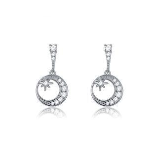 925 Sterling Silver Romantic Star Moon Earrings With Austrian Element Crystal Silver - One Size