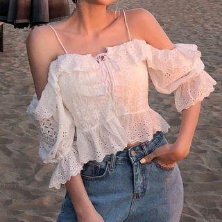 3/4-sleeve Cold Shoulder Lace Blouse