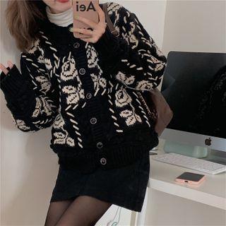 Rose Print Loose-fit Cardigan Black - One Size