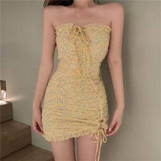 Spaghetti Strap Floral Print Drawstring Mini Sheath Dress / Cardigan