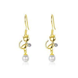 925 Sterling Silve Gold Plated Elegant Fashion Cute Cat Pearl Earrings Golden - One Size