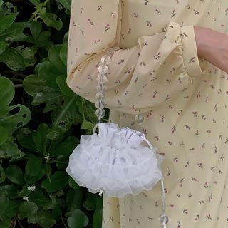Bead Ruffled Drawstring Crossbody Bag White - One Size