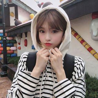 Buttoned-neckline Striped Boxy-fit Hoodie