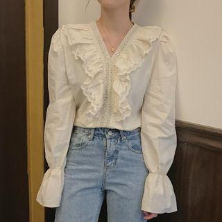 V-neck Ruffle-trim Plain Blouse Almond - One Size