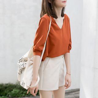 Elbow-sleeve V-neck Plain Chiffon Top