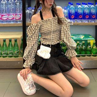 Two-tone Plaid Off-shoulder Bell-sleeve Smocked Halter Top Checker Top - One Size