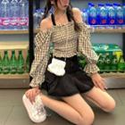 Two-tone Plaid Off-shoulder Bell-sleeve Smocked Halter Top Checker Top - One Size