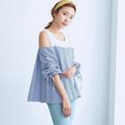 Puff Sleeve Cold Shoulder Striped Panel Top Blue - One Size