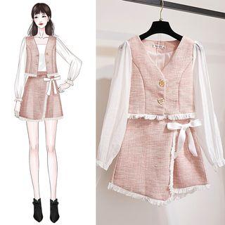 Set: Buttoned Tweed Top + Fringed Trim A-line Wrap Skirt