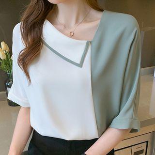 Elbow-sleeve Irregular Color Block Shirt