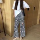 Elbow-sleeve T-shirt / Striped Wide Leg Pants