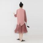 Floral Long-sleeve Midi Dress / Knit Vest