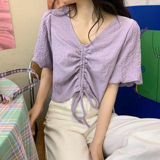 Short-sleeve V-neck Drawstring Cropped Blouse