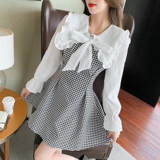 Long-sleeve Ribbon Houndstooth Mini A-line Dress