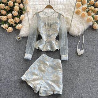Set Of 2 : Square-neck Embroidered Sheer Long-sleeve Top + Lace Wide-leg Shorts