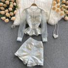 Set Of 2 : Square-neck Embroidered Sheer Long-sleeve Top + Lace Wide-leg Shorts