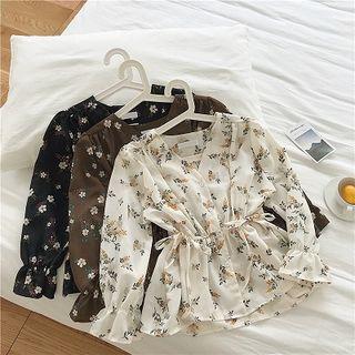 Floral Printed V-neck Chiffon Lace-up Flare-sleeve Blouse