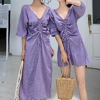 Checked Drawstring Elbow-sleeve Dress