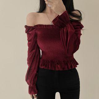 Long-sleeve Off-shoulder Smocked Velvet Top