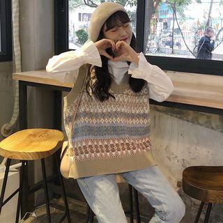 Print Knit Vest / Bell Sleeve Long Sleeve Blouse