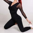 Long-sleeve Mesh Panel Sports Jumpsuit