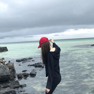 Set: Hooded Ribbed Top + Slit-hem Boot-cut Pants Black - One Size