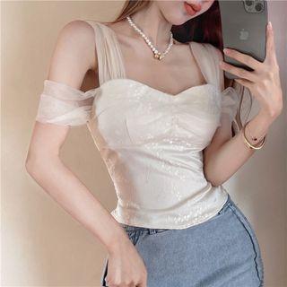 Cold-shoulder Mesh Panel Top White - One Size