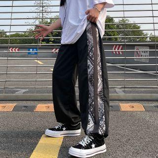 Pattern Print Panel Plain Straight Cut Drawstring Pants