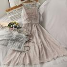 Sleeveless Mesh-overlay Floral Midi Dress