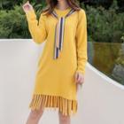 Fringed Hem Long-sleeve Knit Dress