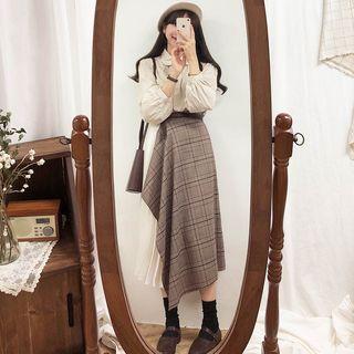 Plain Lantern-sleeve Blouse / Mock Two-piece Midi Skirt