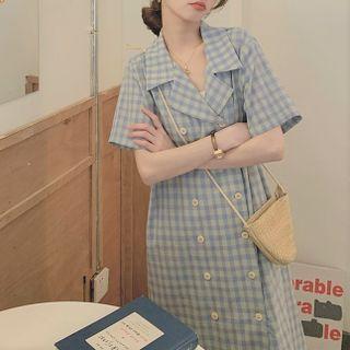 Short-sleeve Double-breasted Check Midi A-line Blazer Dress Plaid - Blue - One Size