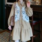 Long-sleeve Mini A-line Shirtdress / Floral Crochet Vest