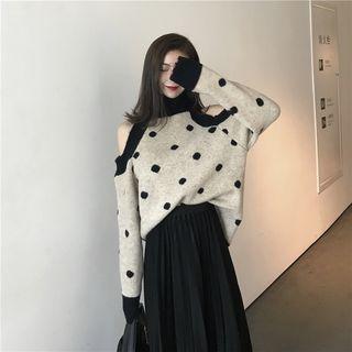 Dot Off-shoulder Long-sleeve Loose-fit Sweater / Plain A-line Skirt