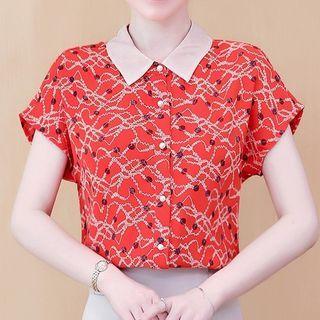 Printed Dotted Short-sleeve Chiffon Blouse