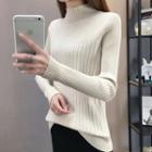 Long-sleeve Mock-neck Plain Knit Sweater