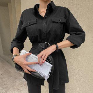 Flap-pocket Fray-edge Shirt With Belt