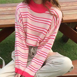 Striped Mock Neck Knitted Top Pink - One Size