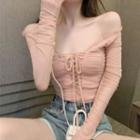 Lace-up Long-sleeve Mesh Top Pink - One Size