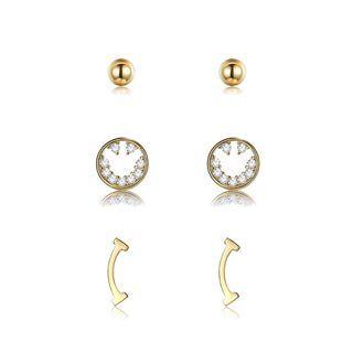 925 Sterling Silver Plated Gold Simple And Fashion Smiling Cubic Zircon Three-piece Stud Earrings Golden - One Size