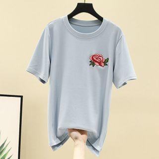 Short-sleeve Embroidered T-shirt Light Blue - One Size