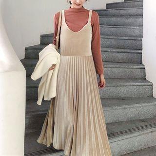 Mock-neck Long-sleeve T-shirt / Velvet Midi Spaghetti Strap Dress