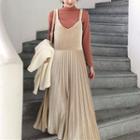 Mock-neck Long-sleeve T-shirt / Velvet Midi Spaghetti Strap Dress